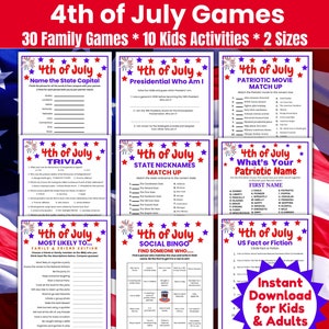 May include: A set of printable 4th of July games for kids and adults. The games include trivia, bingo, matching, and more. The games are decorated with red, white, and blue stars and stripes.