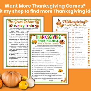 Op de afbeelding: Thanksgiving-thema printbare spellen, waaronder trivia en een "Would You Rather"-spel. De afbeelding toont pompoenen en kalebassen, met de tekst "Want More Thanksgiving Games? Visit my shop to find more Thanksgiving ideas."
