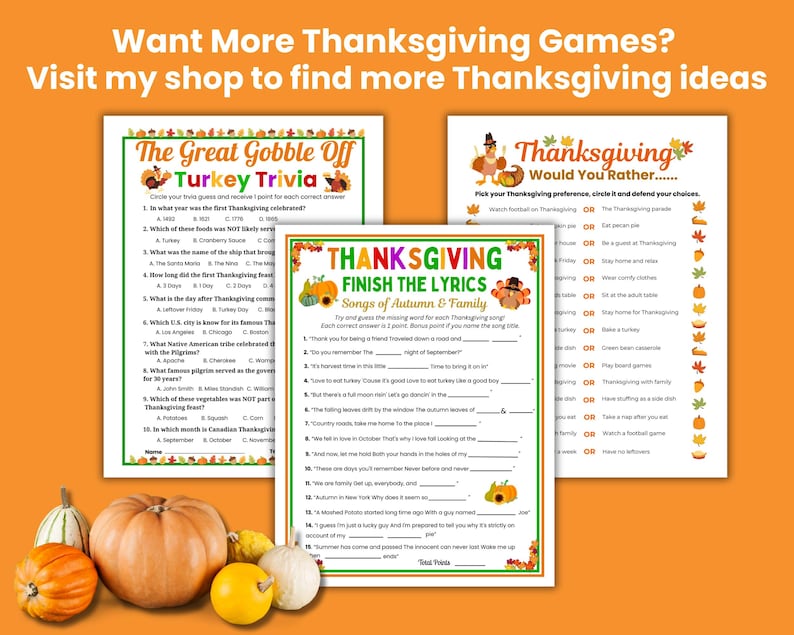 Op de afbeelding: Thanksgiving-thema printbare spellen, waaronder trivia en een "Would You Rather"-spel. De afbeelding toont pompoenen en kalebassen, met de tekst "Want More Thanksgiving Games? Visit my shop to find more Thanksgiving ideas."