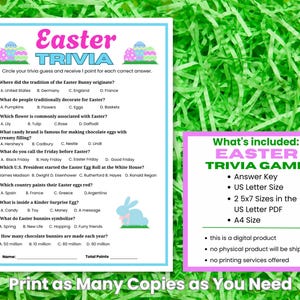 Green Easter grass background with an Easter Trivia Activity. A box with what's included in the Easter Trivia Game - Trivia Answer Key, US Letter size, 2 5x7 sizes in US letter and A4 size. It is a digital product and no physical product will be sent