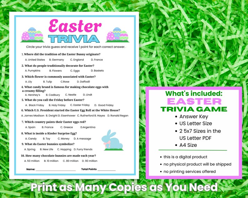 Green Easter grass background with an Easter Trivia Activity. A box with what's included in the Easter Trivia Game - Trivia Answer Key, US Letter size, 2 5x7 sizes in US letter and A4 size. It is a digital product and no physical product will be sent