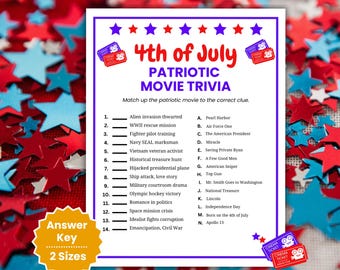 4th of July Movie Trivia Game, 4th of July Games, Patriotic Trivia Questions, BBQ Picnic Games, July Fourth Games, Movie Quiz, Summer Trivia