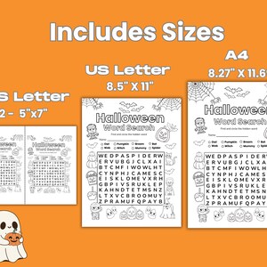 May include: Halloween-themed word search puzzles in US Letter and A4 sizes. The image shows three different sizes of the word search, with the text "Halloween Word Search" and a variety of Halloween-related images and words.