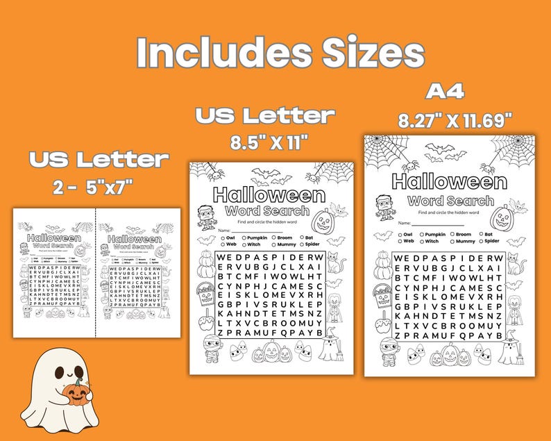 May include: Halloween-themed word search puzzles in US Letter and A4 sizes. The image shows three different sizes of the word search, with the text "Halloween Word Search" and a variety of Halloween-related images and words.