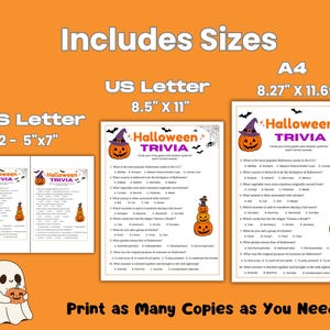 May include: Orange Halloween trivia game sheets in US Letter and A4 sizes. The sheets feature a pumpkin wearing a witch hat and the text "Halloween Trivia". The image also includes a ghost holding a pumpkin and the text "Print as Many Copies as You Need".