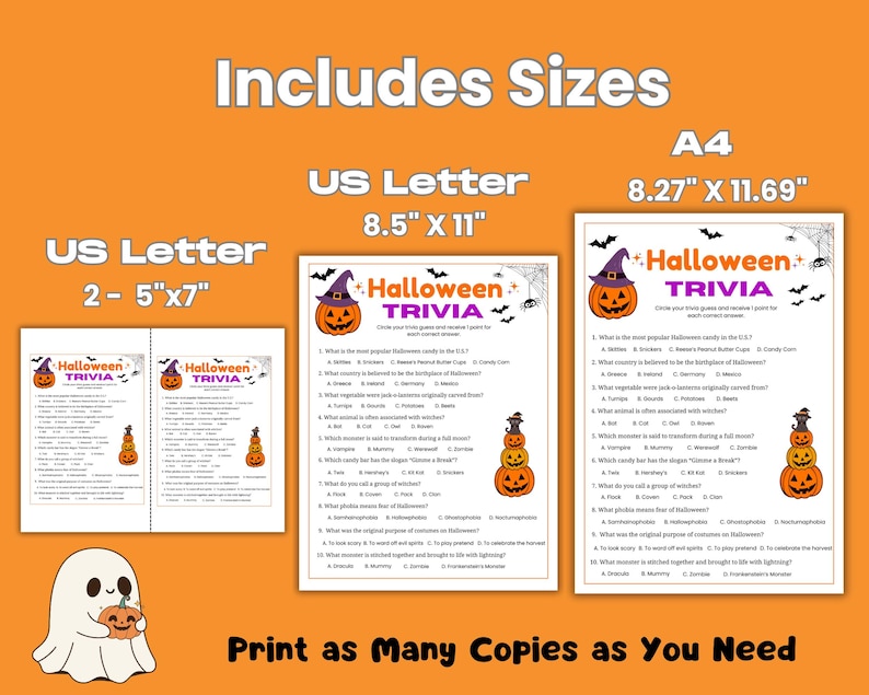 May include: Orange Halloween trivia game sheets in US Letter and A4 sizes. The sheets feature a pumpkin wearing a witch hat and the text "Halloween Trivia". The image also includes a ghost holding a pumpkin and the text "Print as Many Copies as You Need".