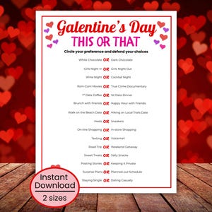 Könnte beinhalten: Ein druckbares "Dies oder Das"-Spiel zum Valentinstag mit rotem Rand und Herzdekorationen. Das Spiel bietet Optionen wie "Weiße Schokolade ODER dunkle Schokolade" und "Mädelsabend ODER Ausgehen". Das Bild enthält auch den Text "Sofort-Download" und "2 Größen".