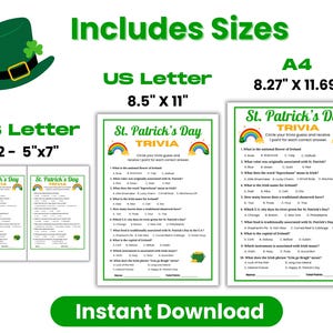 The St. Paddy's Day Trivia game is shown in the three sizes that are included in the Instant download party game. The sizes include US letter, A4, and 2 5x7 games on US letter size paper.