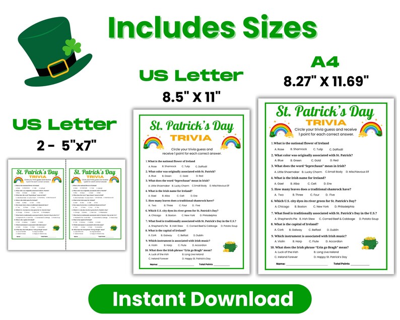 The St. Paddy's Day Trivia game is shown in the three sizes that are included in the Instant download party game. The sizes include US letter, A4, and 2 5x7 games on US letter size paper.