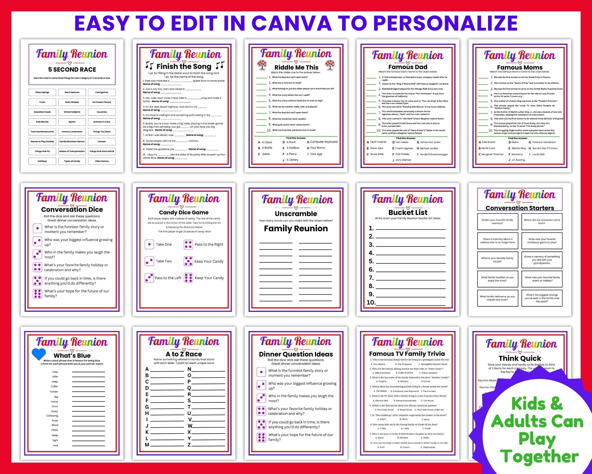 Printable Family Reunion Games for Kids and Adults, Editable Reunion ...