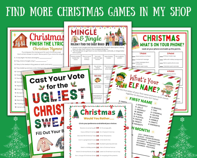 Może przedstawiać: Zbi&oacute;r pięciu wydrukowanych arkuszy z grami świątecznymi, w tym "Christmas Finish the Lyrics", "Mingle & Jingle Bingo", "Christmas What's on Your Phone", "Cast Your Vote for the Ugliest Christmas Sweater" oraz "What's Your Elf Name".