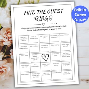 Bingo "Encuentra al Invitado", Bingo para Bodas, Bingo para Despedida de Soltera, Juego Moderno para Despedidas de Soltera, Conócete, Tarjeta de Juego Editable, Juegos de Mesa para Bodas