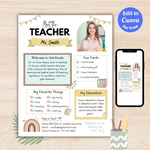 Plantilla editable para conocer al maestro, carta de bienvenida de regreso a la escuela, boletín informativo de introducción al maestro, folleto del aula boho, recursos para maestros