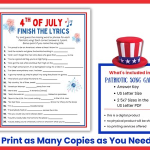 May include: A patriotic song game for the 4th of July, featuring fill-in-the-blank lyrics. Includes an answer key, US Letter size, and two 5x7 sizes in a PDF. The game is a digital product.