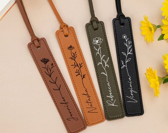 Personalized Leather Bookmark for Women, Leather Floral Bookmark, Custom Name Bookmark with Birth Flower, Book Lover Gift, Mother's Day Gift