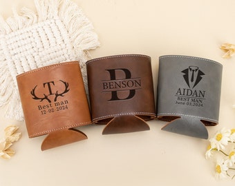 Personalized Leather Beer Can Holder,Engraved Can Cooler Holder,Groomsmen Gifts,Wedding Favor Gifts for Him,Best Man Gift,Father's Day Gifts