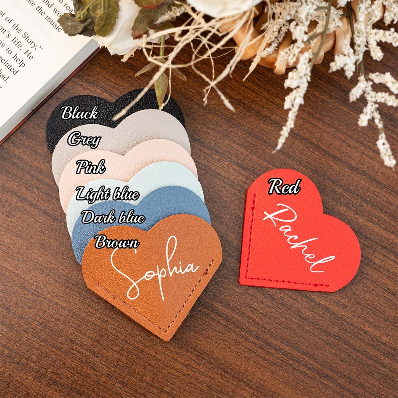 Personalised Vegan Leather Heart Page Corner Bookmark, Name Heart