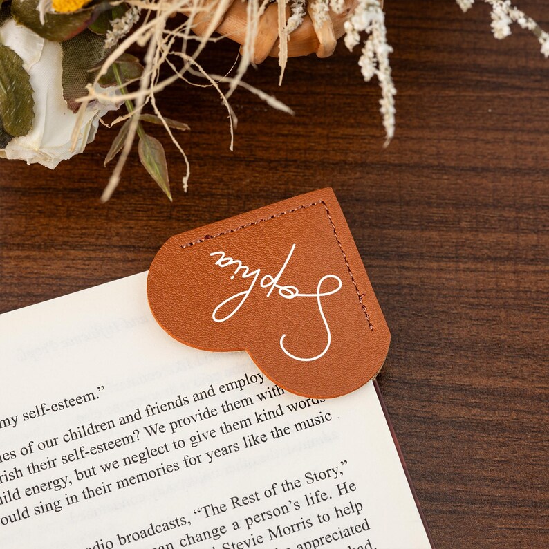 Personalised Vegan Leather Heart Page Corner Bookmark, Name Heart
