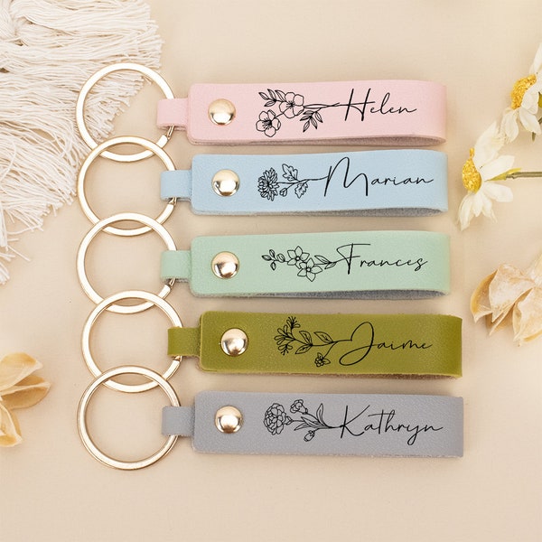 Personalized Leather Keychain,Custom Birth Flower Leather Keyring,Birthday Gift, Gift for Women,Mother's Day Gifts,Anniversary Gift,Bag Tags