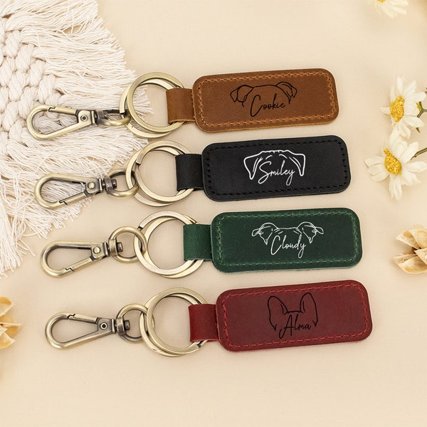 Personalized Leather Pet Keychain,Dog Ear Keychain with Name,Birthday Gifts,Dog Dad Gift,Dog Mom Gift,Pet Lovers Gift,Bag Tags,Gifts for Her