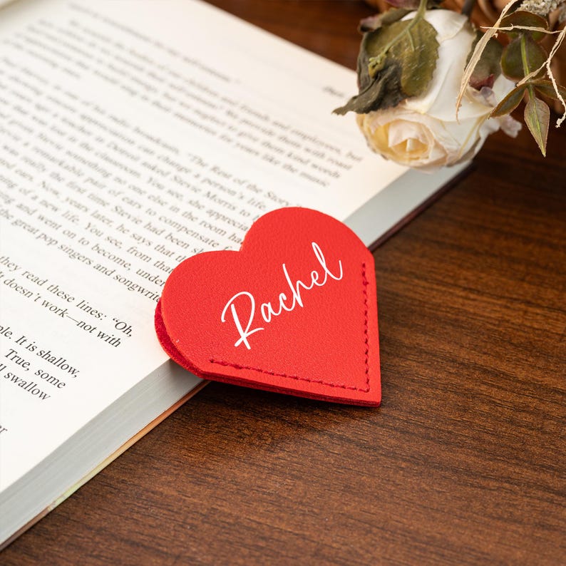 Personalised Vegan Leather Heart Page Corner Bookmark, Name Heart