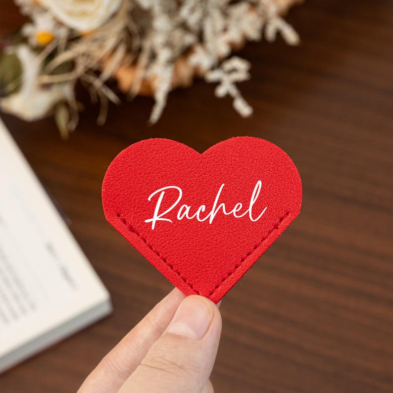 Personalised Vegan Leather Heart Page Corner Bookmark, Name Heart