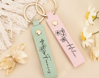 Gepersonaliseerde geboortebloem lederen sleutelhanger, aangepaste lederen sleutelhanger, verjaardagscadeau, cadeau voor haar, Moederdagcadeaus, jubileumcadeau, taslabels