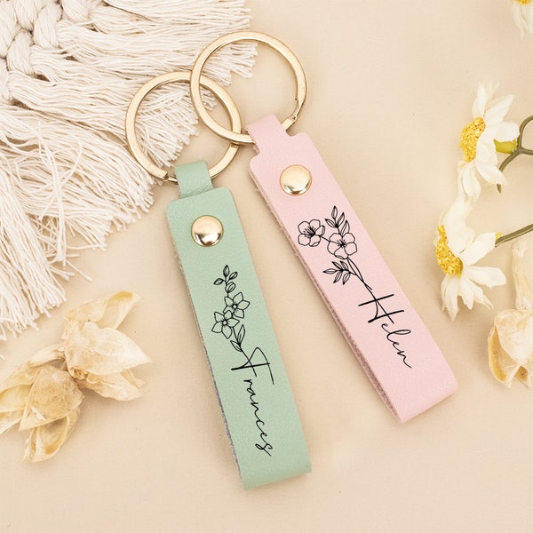 Personalized Birth Flower Leather Keychain,Custom Leather Keyring,Birthday Gift, Gift for Her,Mother's Day Gifts,Anniversary Gift,Bag Tags