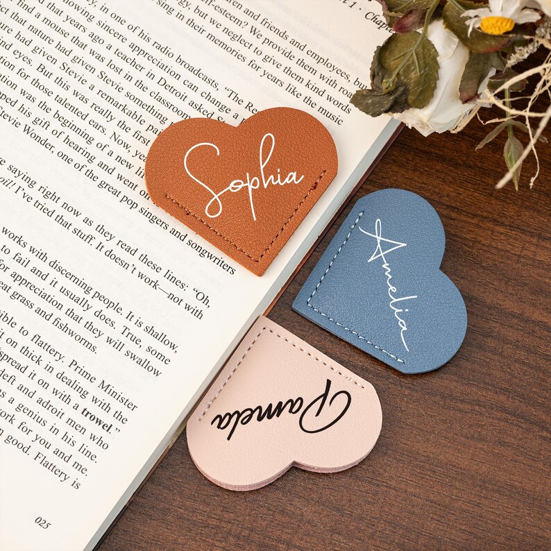 Personalised Vegan Leather Heart Page Corner Bookmark, Name Heart