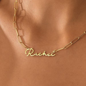 14K Gold Name Necklace with Paperclip Chain , Custom Name Necklace , Link Chain Necklace , Paperclip Name Necklace , Gold Name Necklace Gift