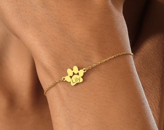 14K Gold Pet Name Bracelet , Paw Print Bracelet , Personalized Pet Bracelet , Pet Memorial Gift , Pet Lover Gift , Paw Bracelet , Dog or Cat