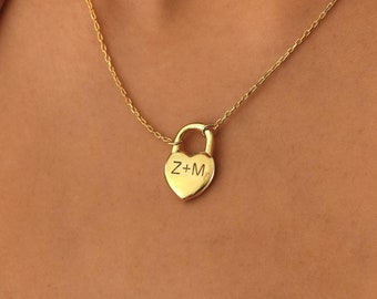 14K Gold Heart Lock With Multiple Initials Gold Initial Necklace - Main Image