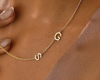 14K Gold Sideways Family Initials Necklace , Gold Initial Necklace , Sideways Necklace , Gifts for Mom , Personalized Jewelry ,Mothers Gifts