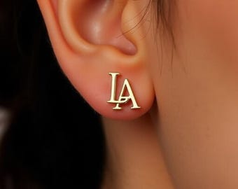 Orecchini con iniziali in oro massiccio 14 carati, iniziali intrecciate, orecchini in oro, regalo di compleanno per lei, orecchini con iniziali personalizzati, orecchini con lettera
