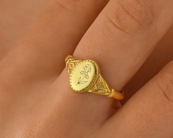 14K Gold Birth Flower Signet Ring , Birth Flower Jewelry , Gold Signet Ring , Ring for Women , Gift for Mom , Birth Flower Ring , Gold Rings
