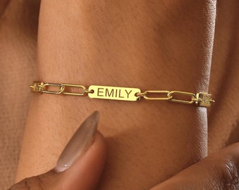 14K Gold Link Chain With Custom Bar Name Bracelet , Paperclip Bracelet, Link Chain Bracelet , Mother's Gift ,Bracelet for Women Gift for Her
