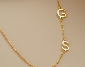 14K Gold Two Initial Sideways Necklace , Custom Initial Necklace , Family Initial Necklace , Gift for Her , Personalized Jewelry , Gold Gift