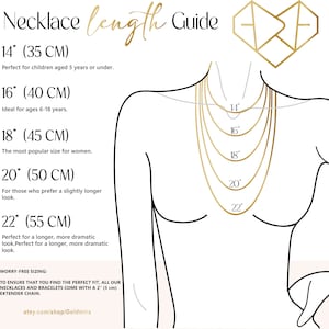 May include: A guide to necklace lengths in inches and centimeters, illustrated with a line drawing of a person wearing necklaces of different lengths. The lengths are labeled with both inches and centimeters. The text "Necklace length Guide" is at the top of the image.