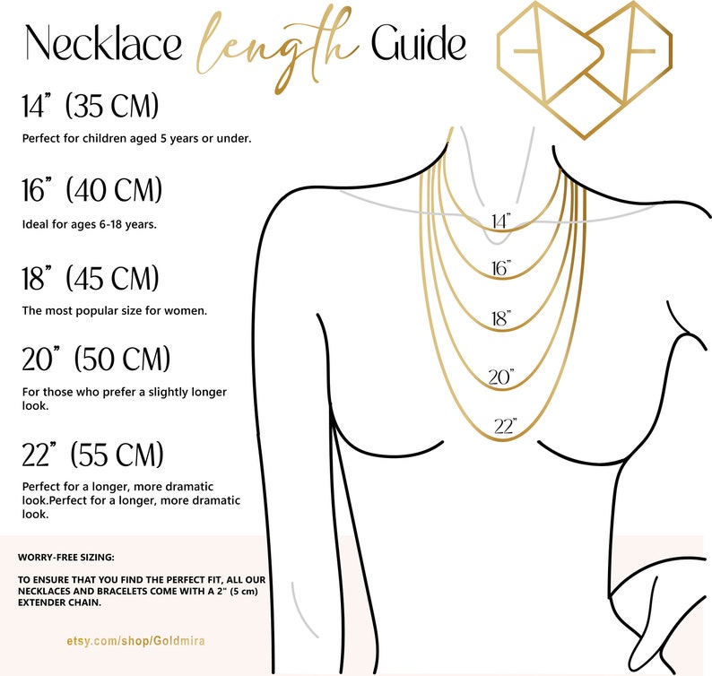 May include: A guide to necklace lengths in inches and centimeters, illustrated with a line drawing of a person wearing necklaces of different lengths. The lengths are labeled with both inches and centimeters. The text "Necklace length Guide" is at the top of the image.