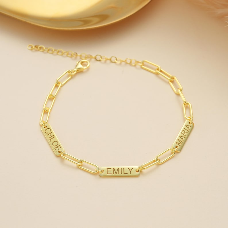 14K Gold Link Chain Bar Bracelet , Family Name Bracelet for Women