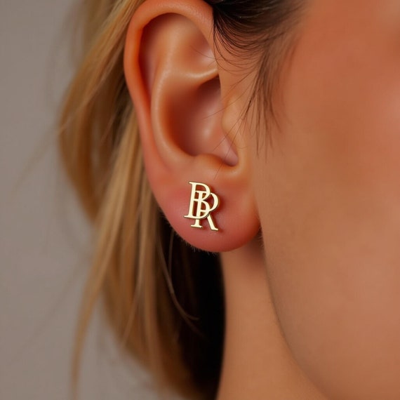 14K Gold Intertwined Initial Earrings Initial Stud Earrings
