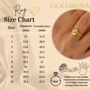 Find your perfect fit with our detailed ring size guide for the 14K Gold Custom Initial Signet Ring. Choose the ideal size for comfort and style, ensuring your ring fits just right. Visit Goldmira to select your size and personalize your ring today!