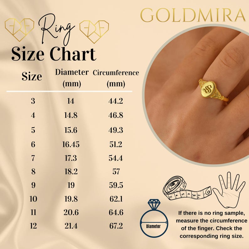 Find your perfect fit with our detailed ring size guide for the 14K Gold Custom Initial Signet Ring. Choose the ideal size for comfort and style, ensuring your ring fits just right. Visit Goldmira to select your size and personalize your ring today!