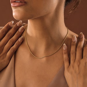 May include: A close-up of a person wearing a gold chain necklace. The chain is thin and delicate, and it is worn against the person's bare skin.