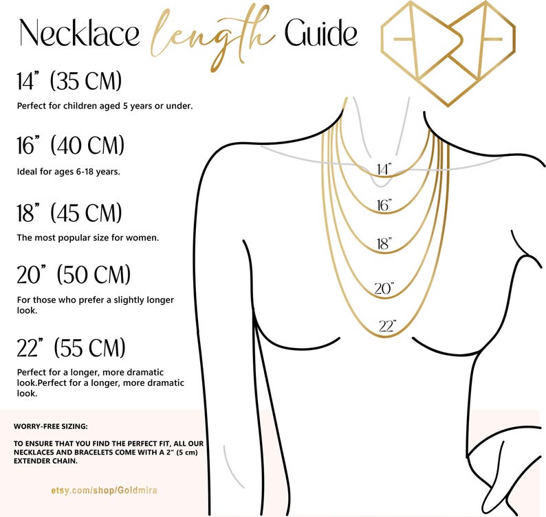 Find your ideal length with our easy chain size chart. Make your 14K Gold Name Necklace uniquely yours, choosing a chain that perfectly complements your style and story.