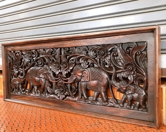 Carved wood panel, wall mounted, elephant pattern, size 39x100 cm., openwork wood, wall hanging work. Chamchuri wood work wooden furniture