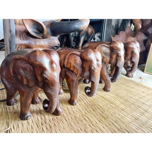 Carved elephants, 1 pair, oak color all over, no black fur, with ivory. Carved wooden elephant, auspicious elephant, handmade. zdjęcie 6