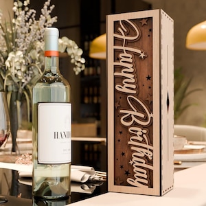 Wooden wine bottle gift box - Happy Birthday - 3D Layered Vector cutting file for Laser cut, Glowforge, dxf, svg and lightburn Gift Box