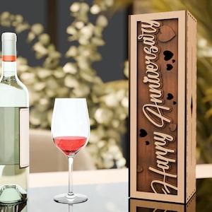 Drewniane pudełko na wino - Szczęśliwej rocznicy - 3D warstwowy plik wektorowy do cięcia laserowego, Glowforge, dxf, svg i lightburn Pudełko na prezent