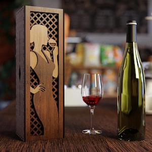 Caixa de presente de garrafa de vinho de madeira - Tema Mulher Elegante - Arquivo de corte vetorial em camadas 3D para corte a laser, Glowforge, dxf, svg e caixa de presente lightburn